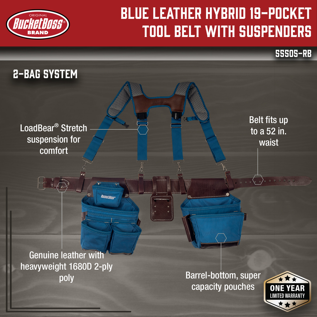 Blue Leather Hybrid 19-Pocket Tool Belt with Suspenders