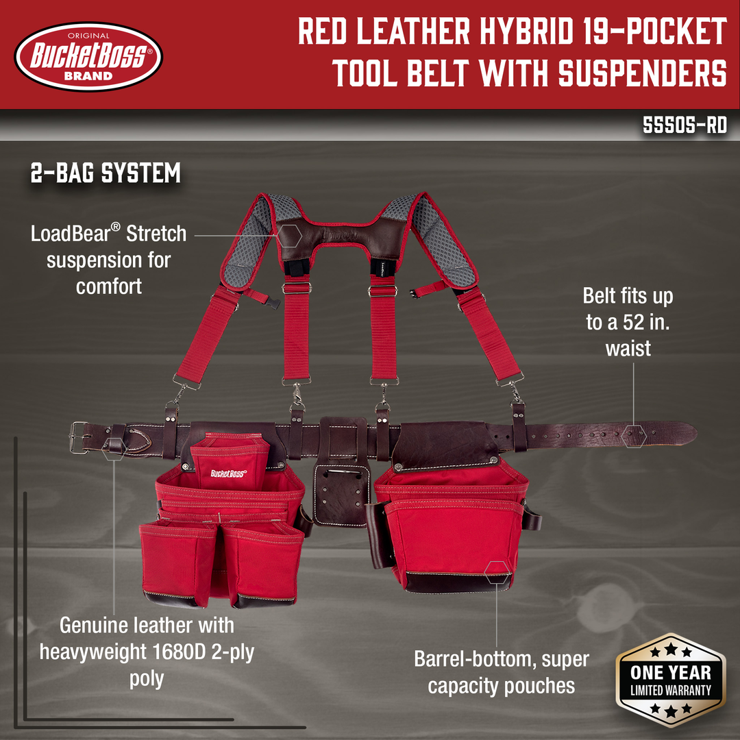 Red Leather Hybrid 19-Pocket Tool Belt with Suspenders
