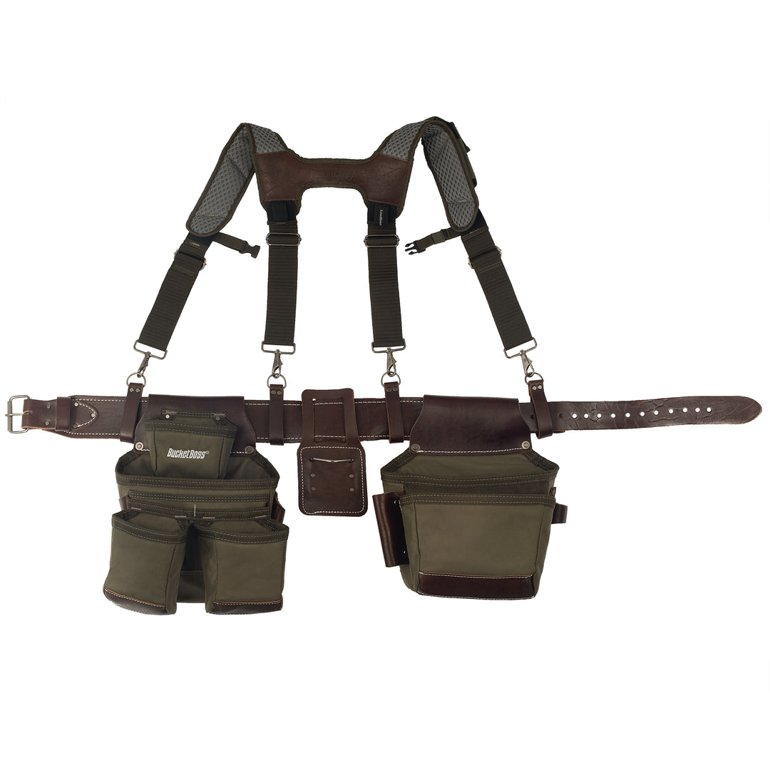 Green Leather Hybrid 19-Pocket Tool Belt with Suspenders