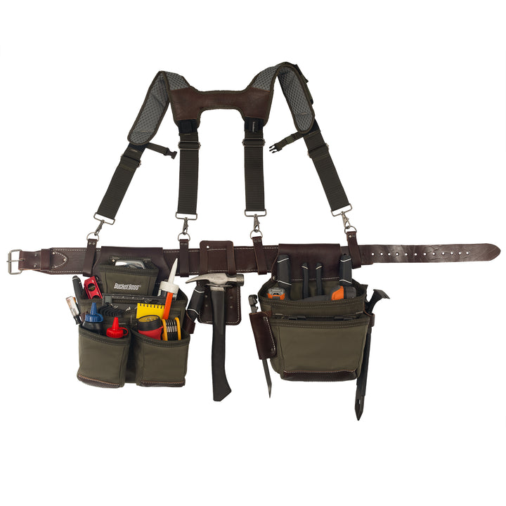 Green Leather Hybrid 19-Pocket Tool Belt with Suspenders