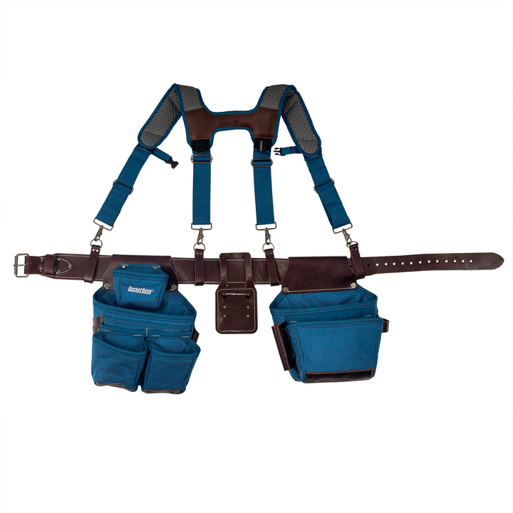 Blue Leather Hybrid 19-Pocket Tool Belt with Suspenders