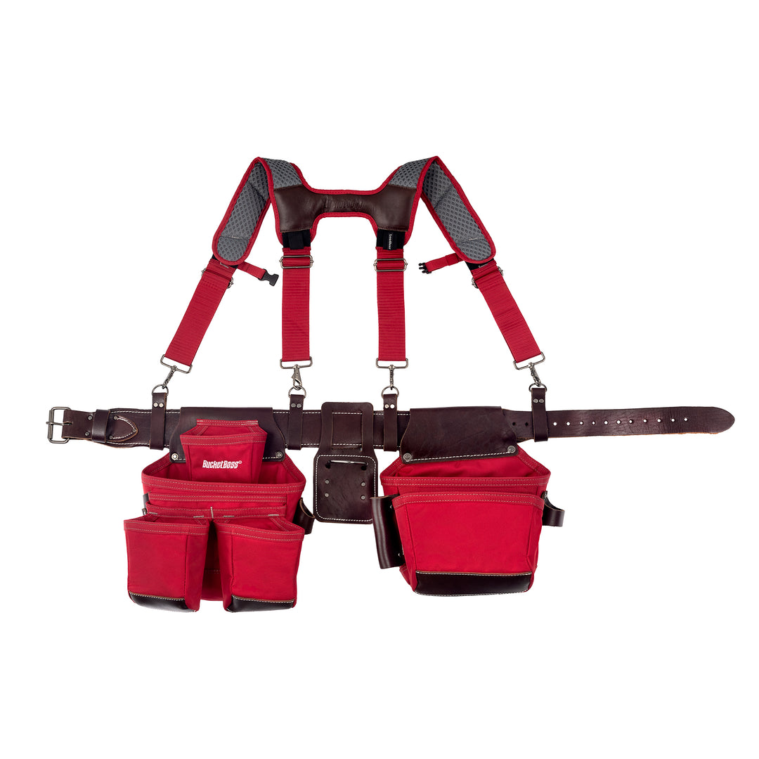Red Leather Hybrid 19-Pocket Tool Belt with Suspenders