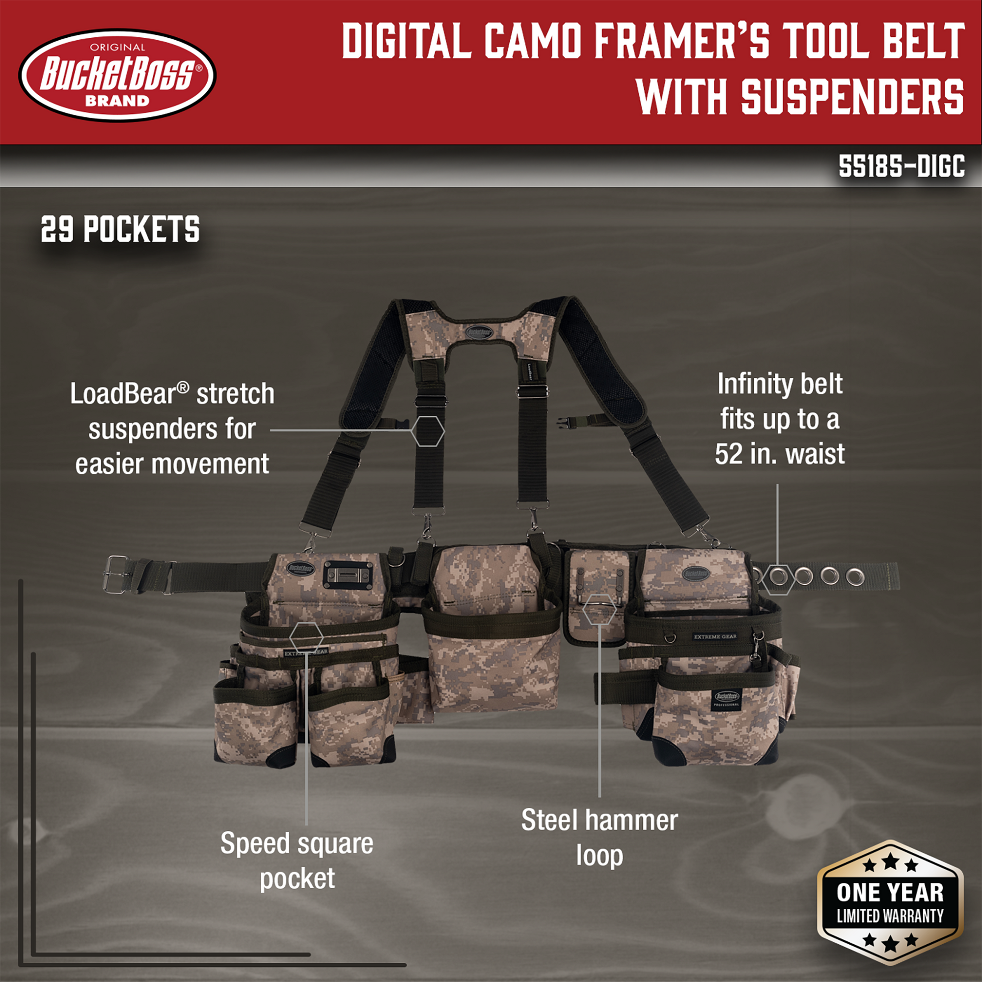 Digital Camo Framer's Tool Belt with Suspenders