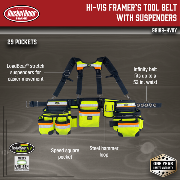 Hi-Vis Framer's Tool Belt with Suspenders - Bucket Boss