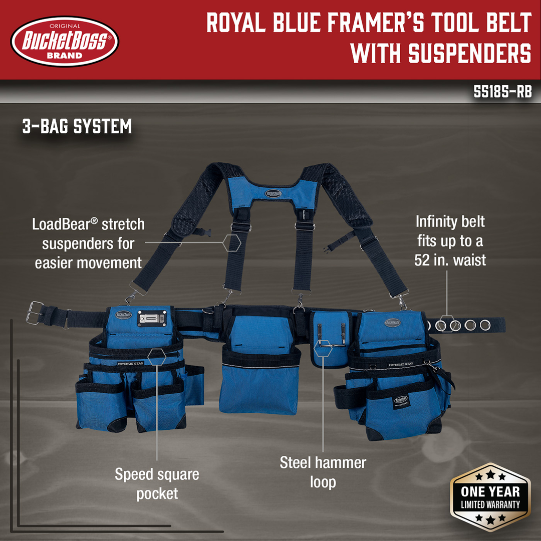 Royal Blue Framer's Tool Belt with Suspenders