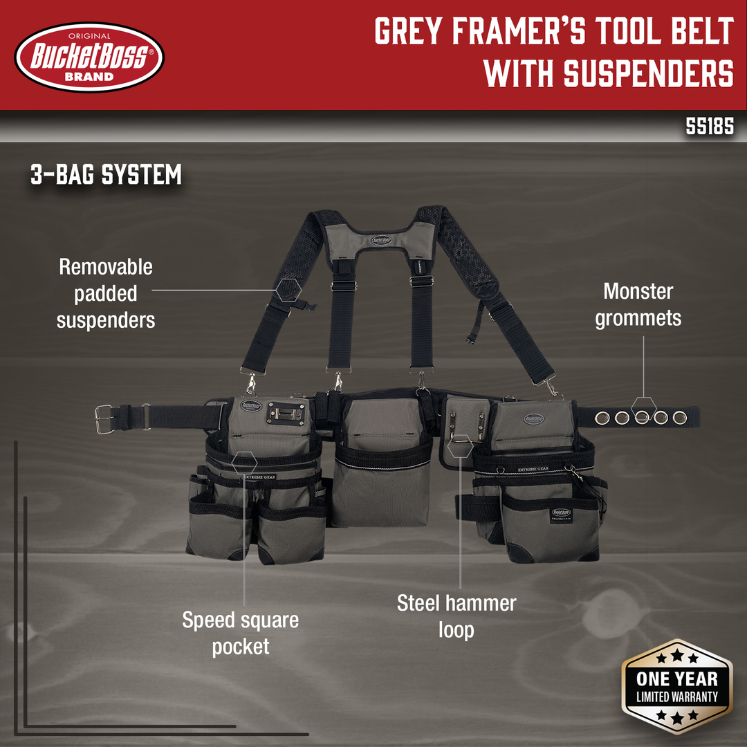 Grey Framer's Tool Belt with Suspenders