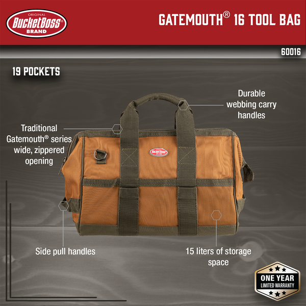 BUCKET BOSS Gatemouth Tool Bag, 20-In.