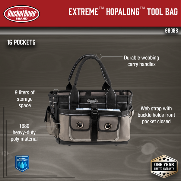 Bucket Boss Tool Bag, All-Terrain Bottom, 14 Pocket, 1680 Heavy-Duty Poly  Fabric 68018