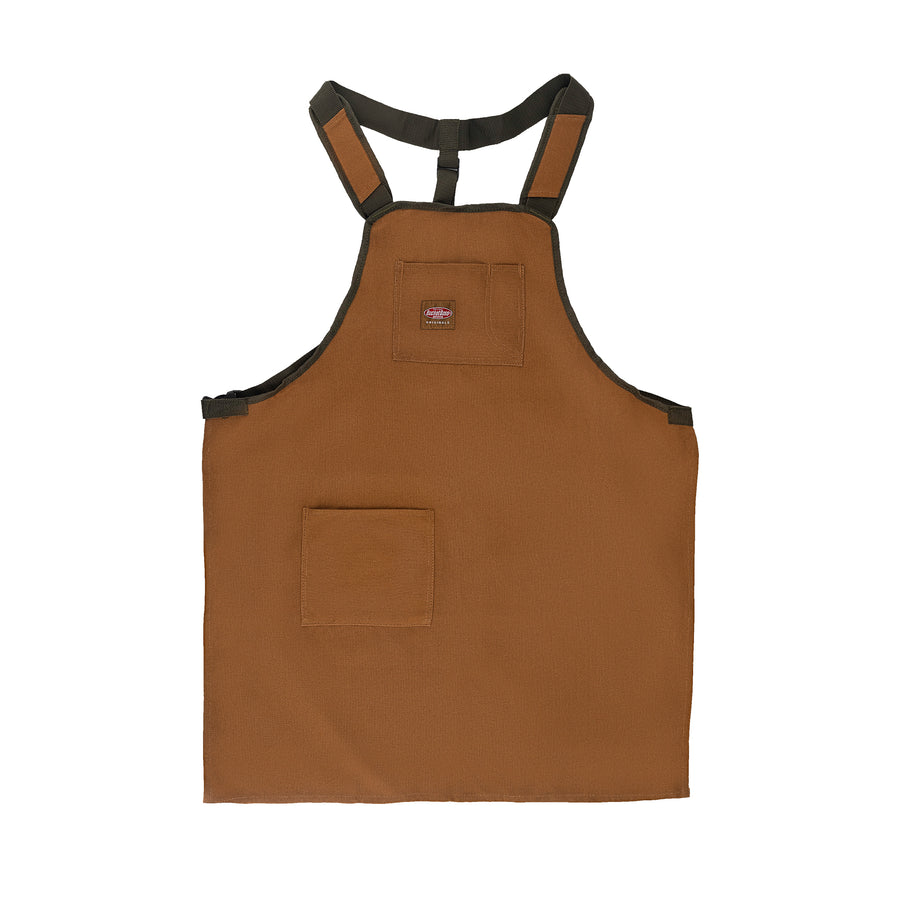 Manufacturer photo of the brown Bucket Boss Canvas Supershop Apron model 80300 with padded shoulder straps and simple front pockets