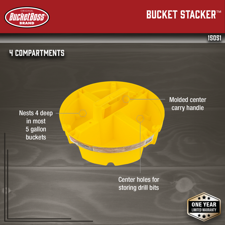 Bucket Boss 15051 Bucket Stacker Organizer - Set Of 4, Fits 5-Gallon Buckets, Yellow