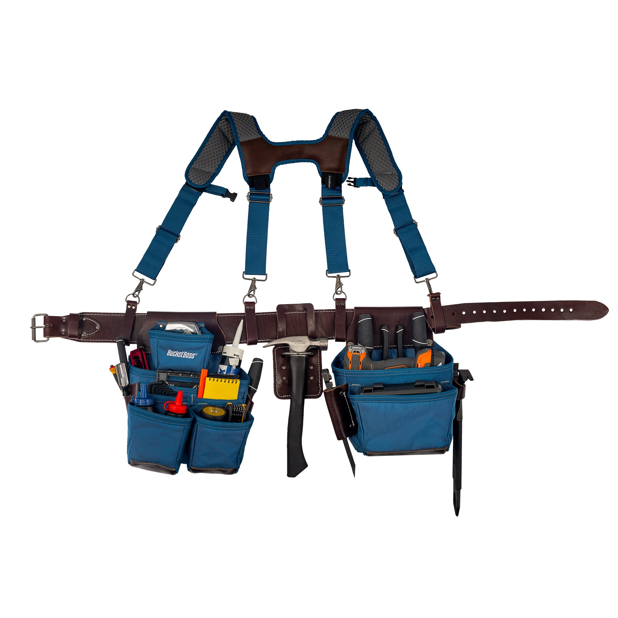 Blue Leather Hybrid 19-Pocket Tool Belt with Suspenders – Bucket Boss