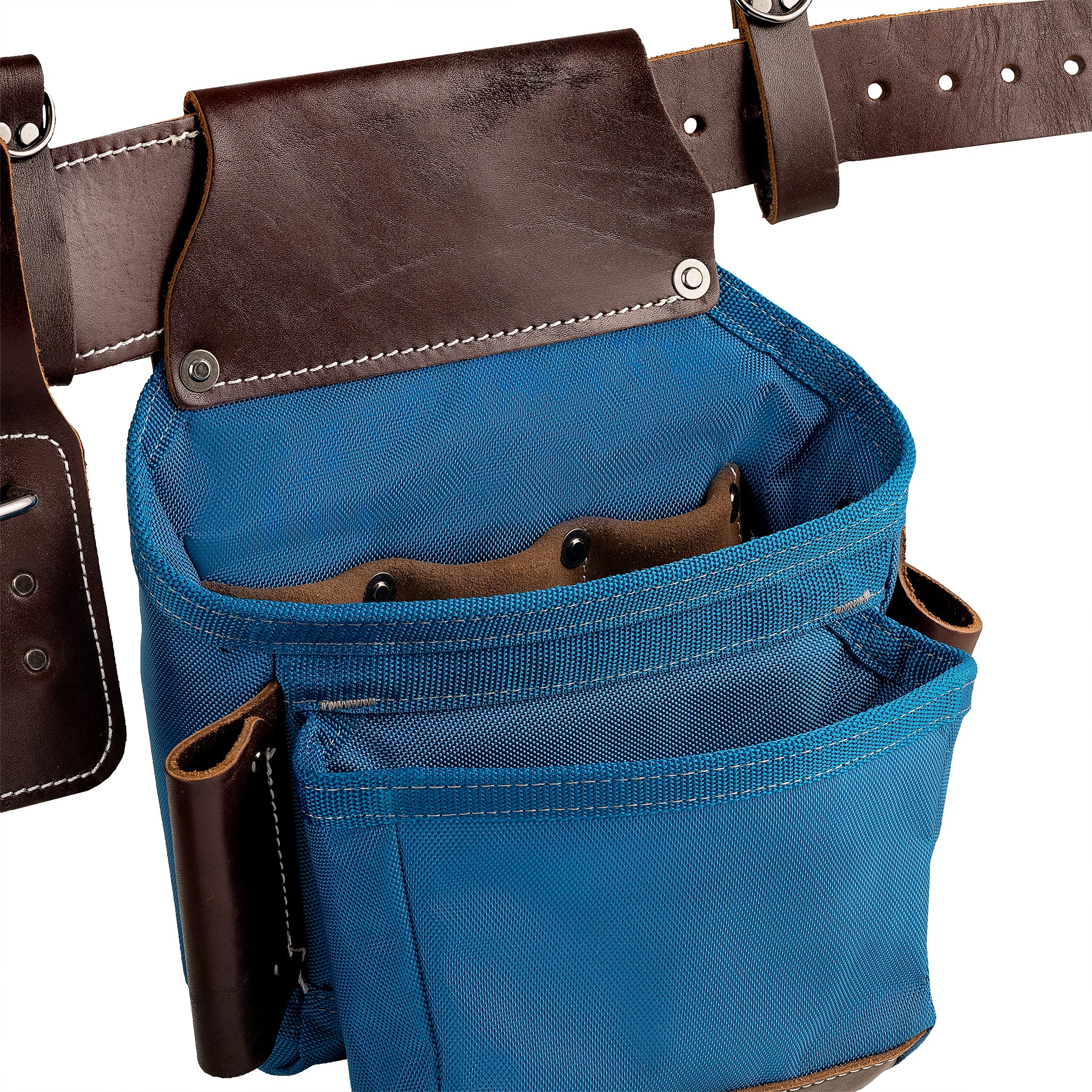 Blue Leather Hybrid 19-Pocket Tool Belt with Suspenders – Bucket Boss
