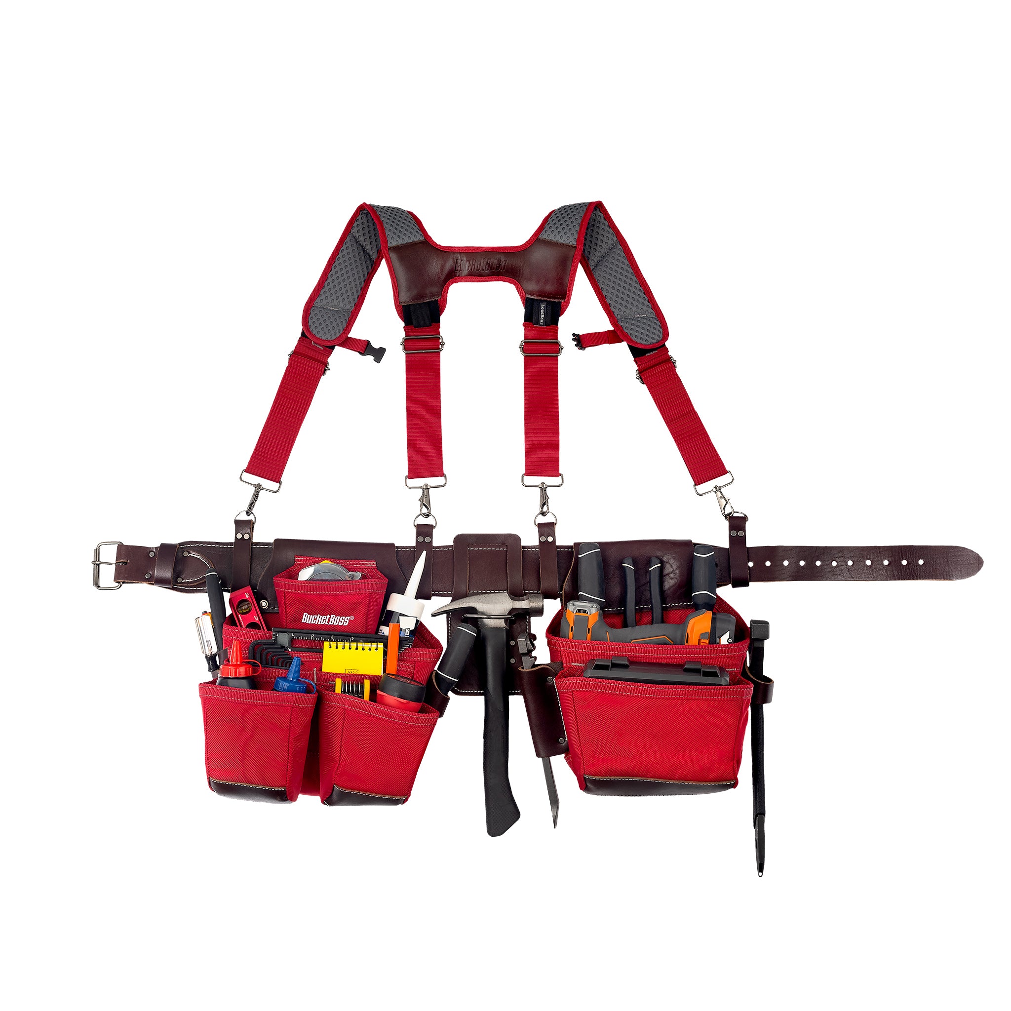 Red Leather Hybrid 19-Pocket Tool Belt with Suspenders – Bucket Boss